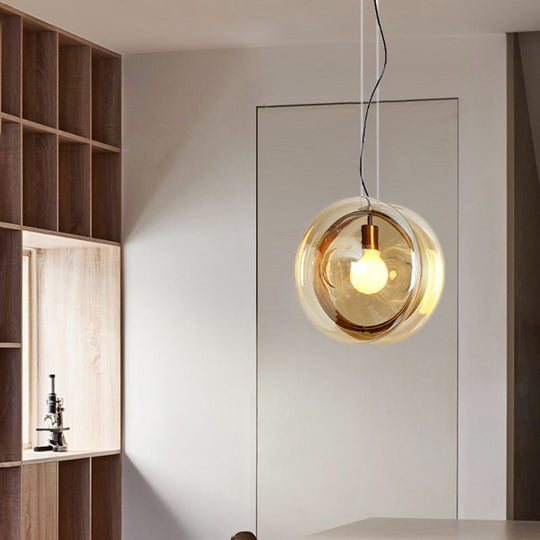 Contemporary Glass Pendant Lamp With Brass Ring - Perfect For Restaurants 1 Head Sphere Light
