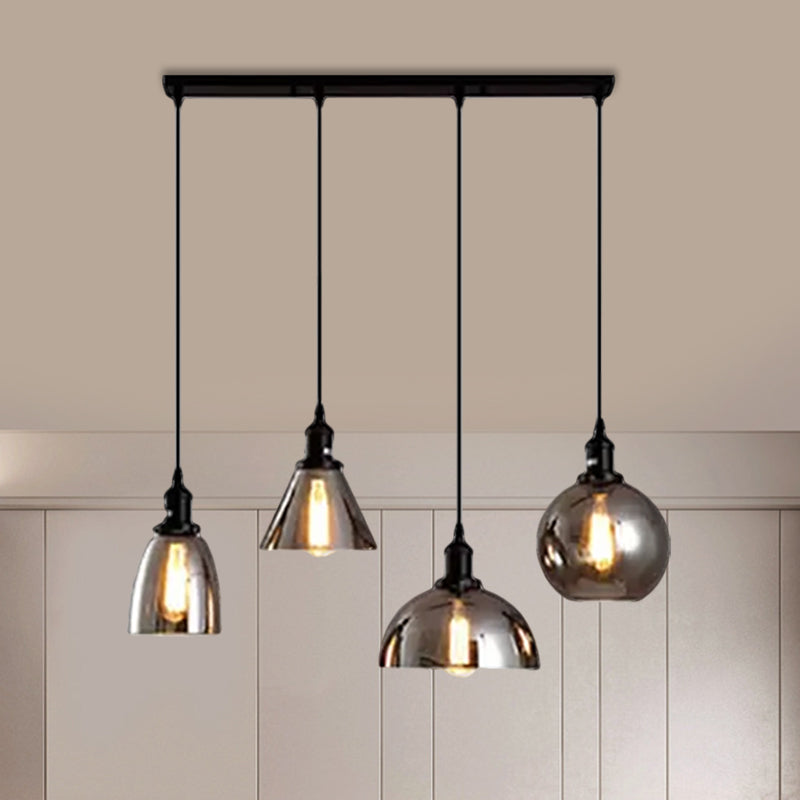 Black Industrial Smoked Glass Cluster Pendant Light With Geometric Shade - Multiple Hanging Lights