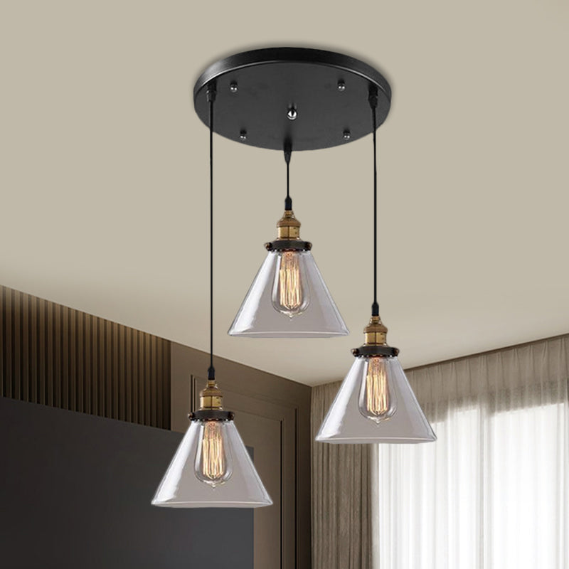 Lampe suspendue industrielle en verre fumé en forme de cône/bol - Luminaire de café à 3 lumières avec plusieurs lumières - Auvent linéaire/rond