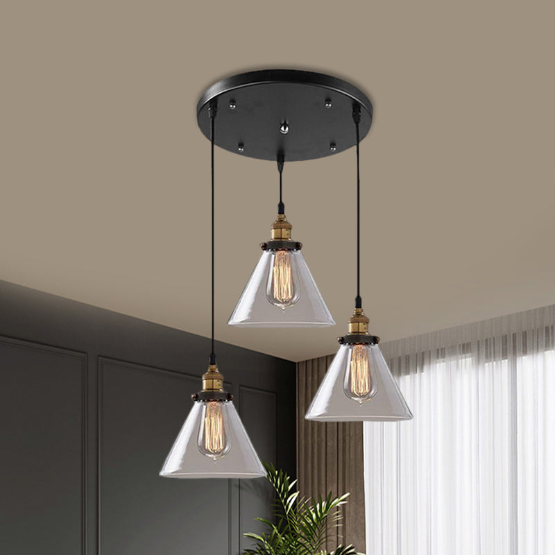 Lampe suspendue industrielle en verre fumé en forme de cône/bol - Luminaire de café à 3 lumières avec plusieurs lumières - Auvent linéaire/rond