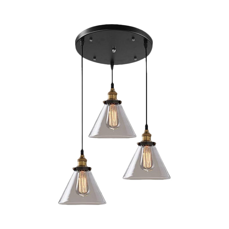 Lampe suspendue industrielle en verre fumé en forme de cône/bol - Luminaire de café à 3 lumières avec plusieurs lumières - Auvent linéaire/rond