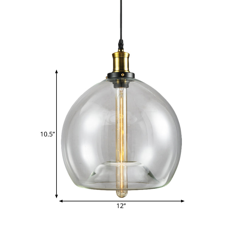 Industrial Brass Cylinder/Globe Pendant Light Fixture With Clear Glass - 1-Light Ceiling Hanging
