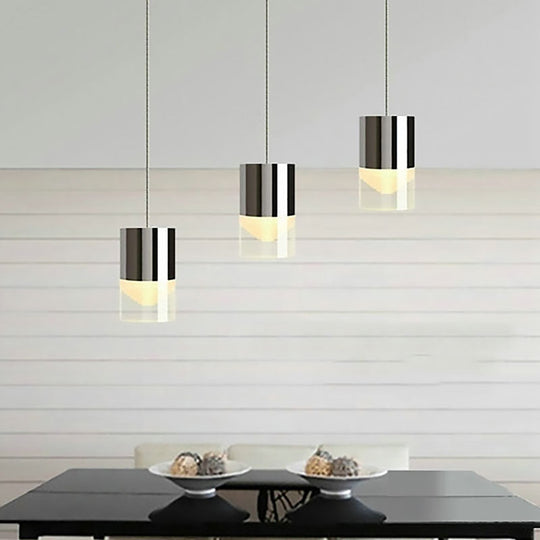 Modern Metal & Glass Chrome Triple Light Cylinder Pendant Lamp For Bar