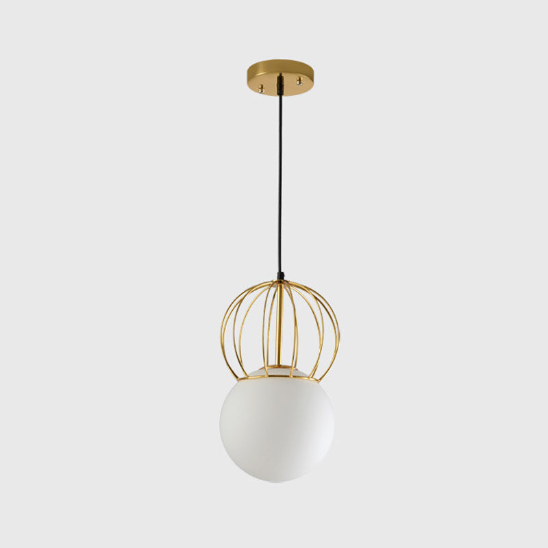 Modern White Globe Suspension Light with Melon Wire and Frosted Glass- Ideal for Bedroom
