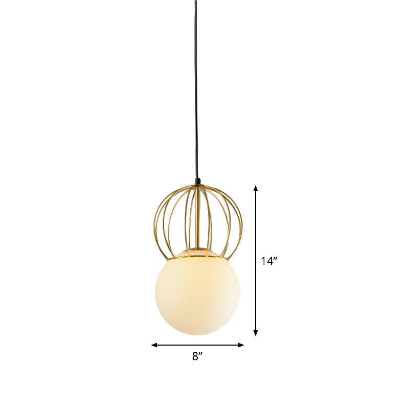 Modern White Globe Suspension Light with Melon Wire and Frosted Glass- Ideal for Bedroom