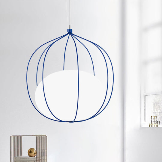 Modern Pendant Light: Egg Milk Glass Suspension with Melon Wire Frame - Ideal for Offices