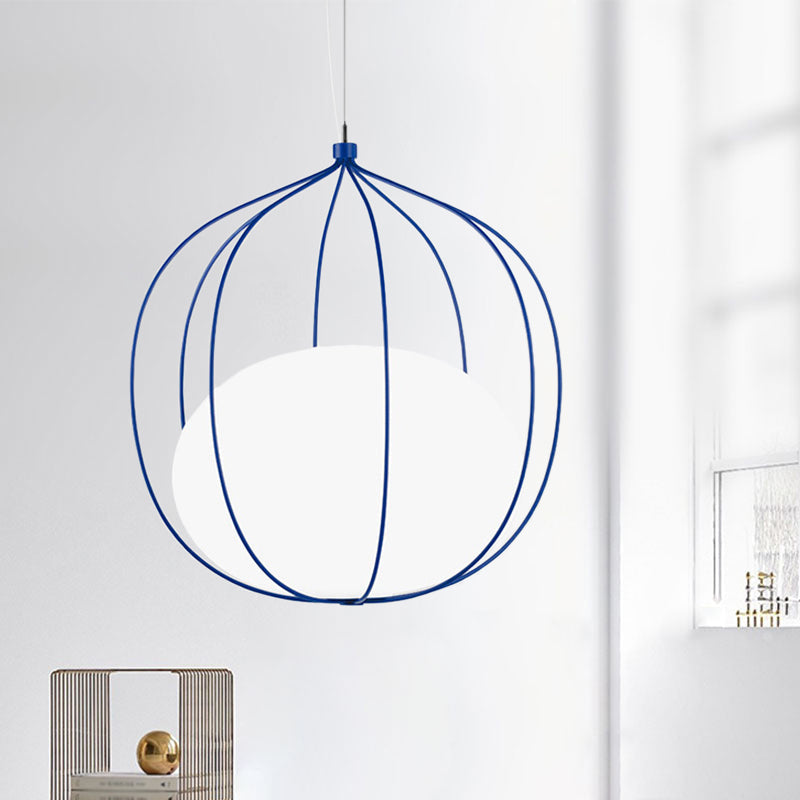 Modern Pendant Light With Milk Glass Shade And Melon Wire Frame - Ideal For Offices Blue