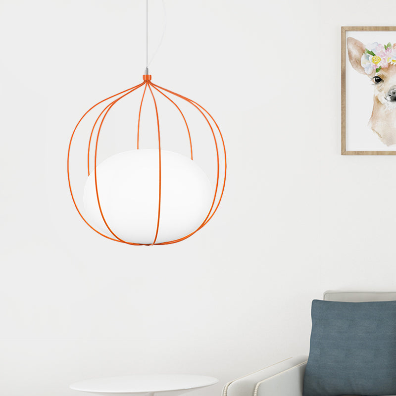 Modern Pendant Light: Egg Milk Glass Suspension with Melon Wire Frame - Ideal for Offices