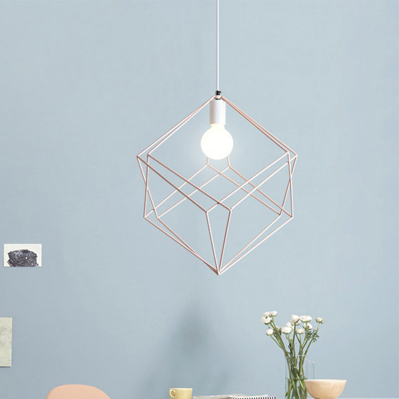 Macaron Cube Cage Pendant Light - Stylish Iron Undertint Hanging Lamp For Dining Table And Hallway