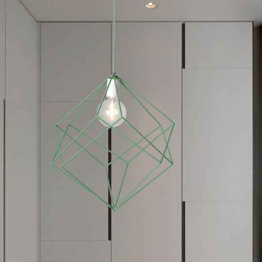 Macaron Cube Cage Pendant Light - Stylish Iron Undertint Hanging Lamp For Dining Table And Hallway