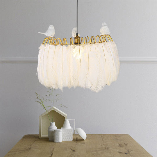 Modern Bird Fabric Drum Pendant Lamp - White 1-Light Hanging Lamp for Bedroom