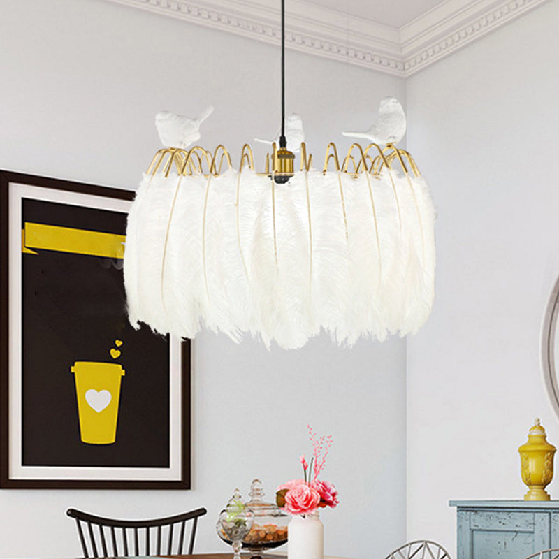 Modern Bird Fabric Drum Pendant With 1 Light For Bedroom