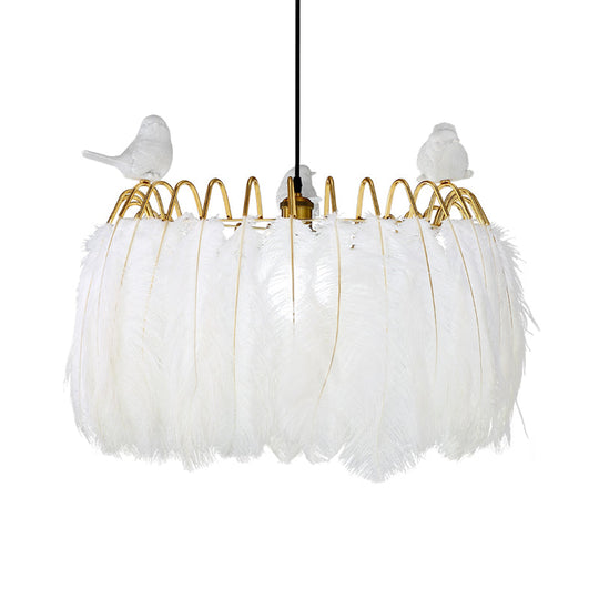 Modern Bird Fabric Drum Pendant Lamp - White 1-Light Hanging Lamp for Bedroom