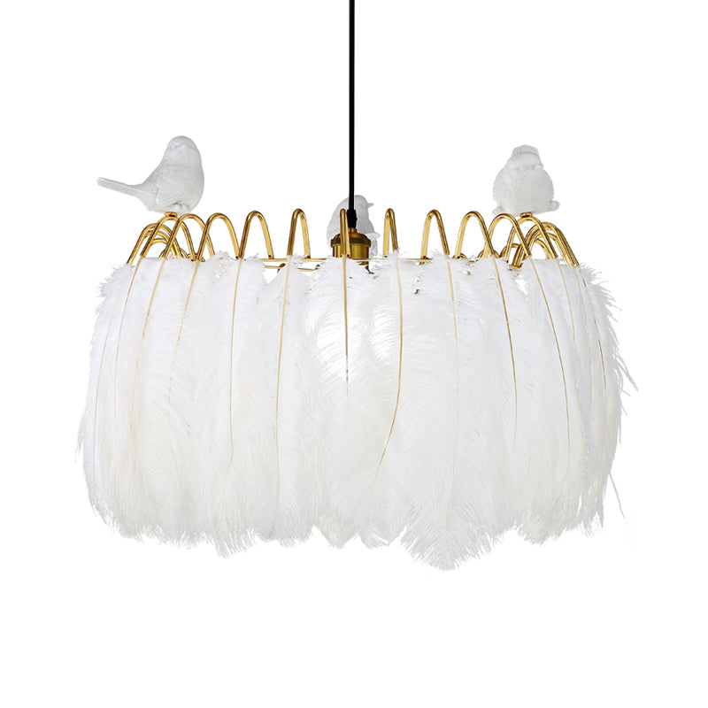 Modern Bird Fabric Drum Pendant With 1 Light For Bedroom