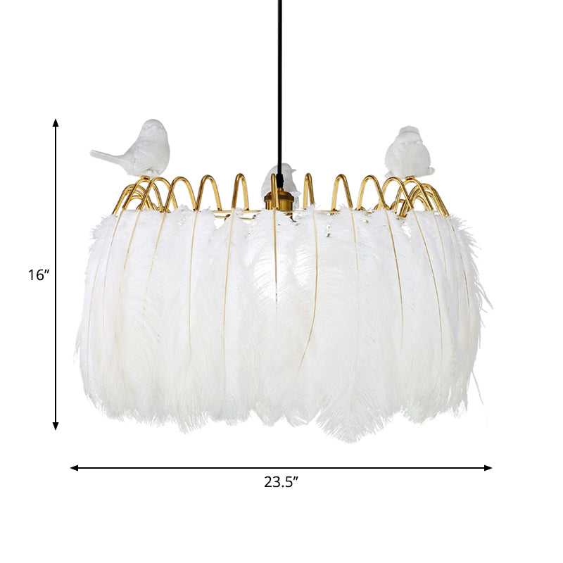 Modern Bird Fabric Drum Pendant Lamp - White 1-Light Hanging Lamp for Bedroom