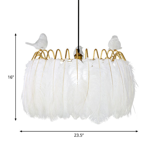 Modern Bird Fabric Drum Pendant Lamp - White 1-Light Hanging Lamp for Bedroom