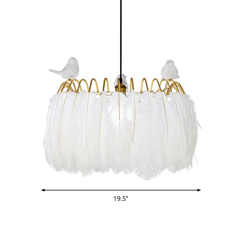 Modern Bird Fabric Drum Pendant Lamp - White 1-Light Hanging Lamp for Bedroom