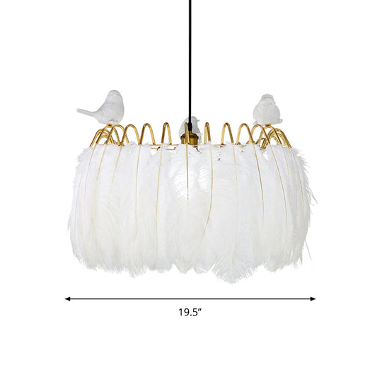 Modern Bird Fabric Drum Pendant Lamp - White 1-Light Hanging Lamp for Bedroom