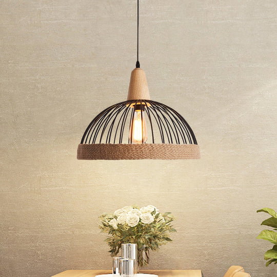 Lampe suspendue en métal et corde Lodge avec cage en forme de dôme noir/blanc - Suspension pour restaurant à 1 lumière