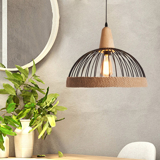 Lampe suspendue en métal et corde Lodge avec cage en forme de dôme noir/blanc - Suspension pour restaurant à 1 lumière