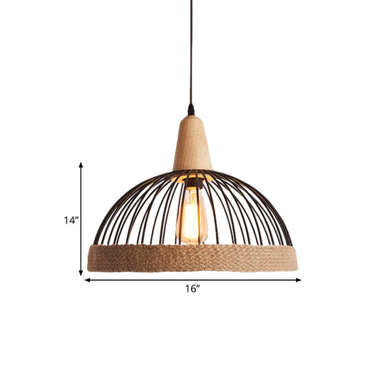 Lampe suspendue en métal et corde Lodge avec cage en forme de dôme noir/blanc - Suspension pour restaurant à 1 lumière