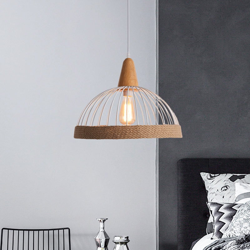 Lampe suspendue en métal et corde Lodge avec cage en forme de dôme noir/blanc - Suspension pour restaurant à 1 lumière