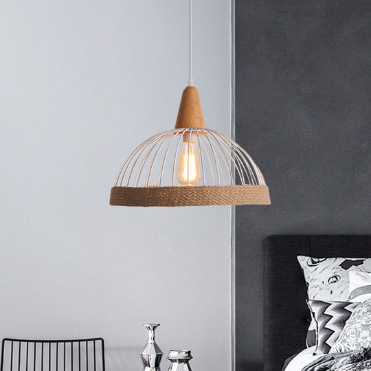 Lampe suspendue en métal et corde Lodge avec cage en forme de dôme noir/blanc - Suspension pour restaurant à 1 lumière