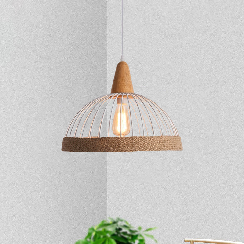 Lampe suspendue en métal et corde Lodge avec cage en forme de dôme noir/blanc - Suspension pour restaurant à 1 lumière