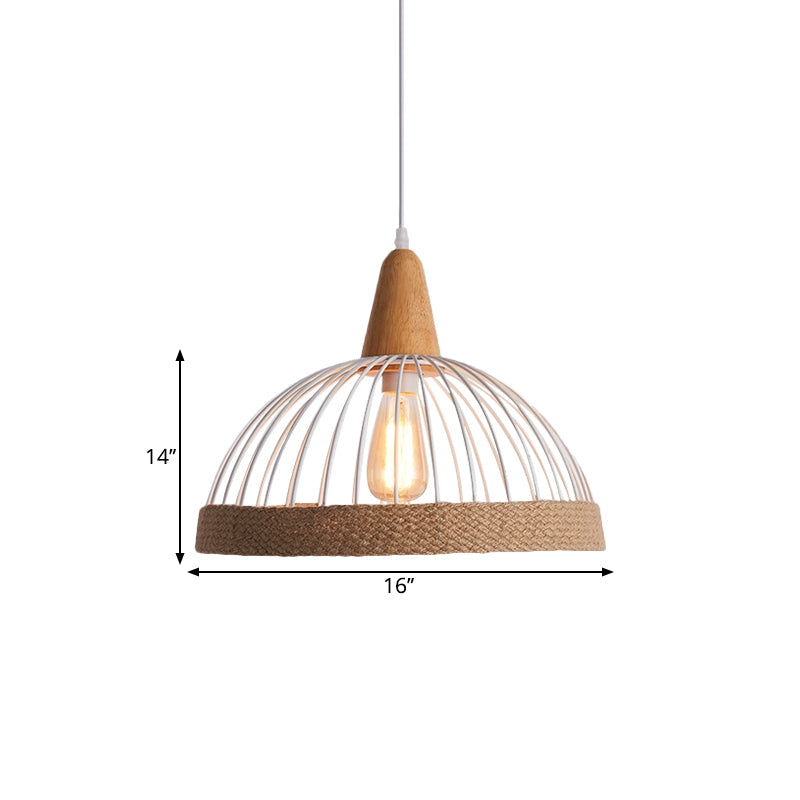 Lampe suspendue en métal et corde Lodge avec cage en forme de dôme noir/blanc - Suspension pour restaurant à 1 lumière