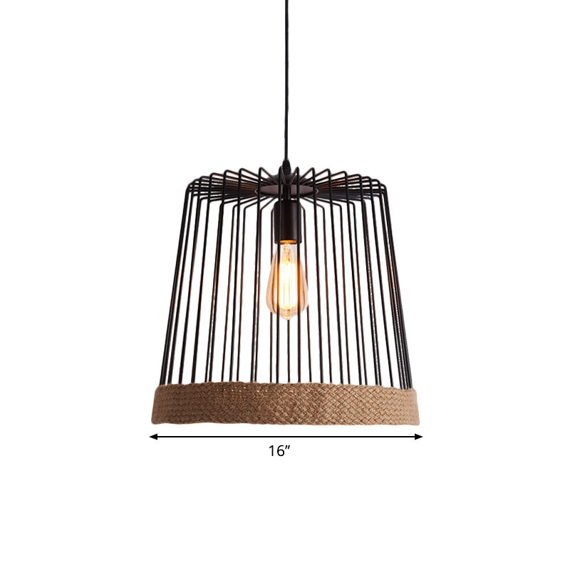 Caged Coffee Shop Suspension Lamp With Industrial Metal And Rope Shade - Black/White Pendant Light