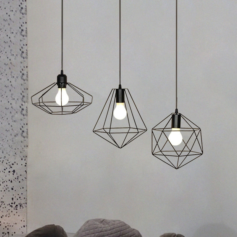 Farmhouse 3-Light Iron Pendant Ceiling Fixture with Black Wire Cage and Unique Shades