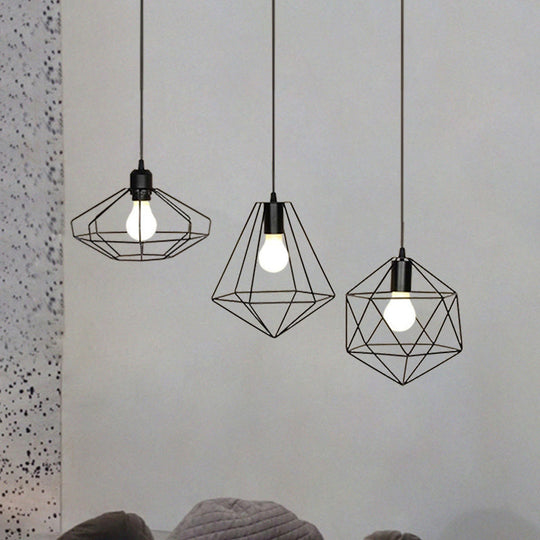 Farmhouse 3-Light Iron Pendant Ceiling Fixture with Black Wire Cage and Unique Shades