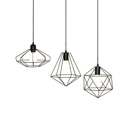 Farmhouse 3-Light Iron Pendant Ceiling Fixture with Black Wire Cage and Unique Shades