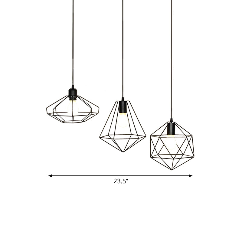 Farmhouse 3-Light Iron Pendant Ceiling Fixture with Black Wire Cage and Unique Shades
