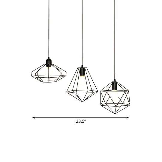 Farmhouse 3-Light Iron Pendant Ceiling Fixture with Black Wire Cage and Unique Shades