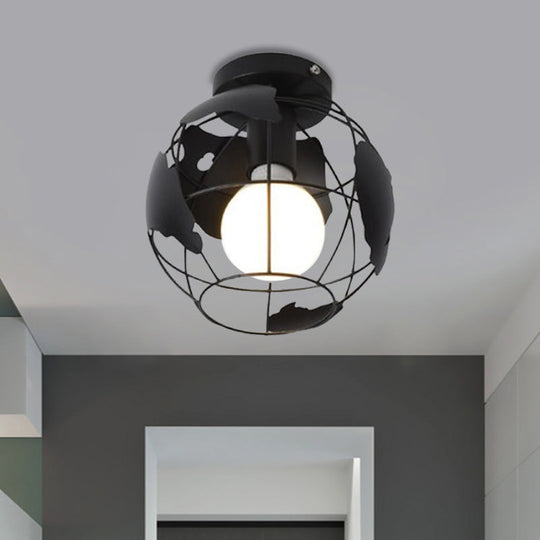Industrial Style Metallic Flush Mount Light with Cage Shade - 1 Head Corridor Ceiling Light in Black/Red