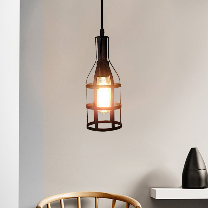 Industrial Wire Caged Metal Hanging Pendant Light with Wine Bottle Design - Black/Antique Brass Finish