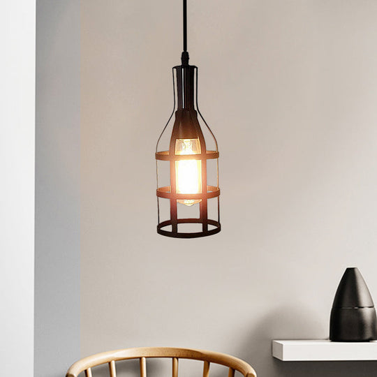 Industrial Metal Hanging Pendant Light With Wine Bottle Design And 1 Bulb In Black/Antique Brass