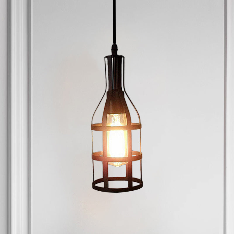 Industrial Metal Hanging Pendant Light With Wine Bottle Design And 1 Bulb In Black/Antique Brass