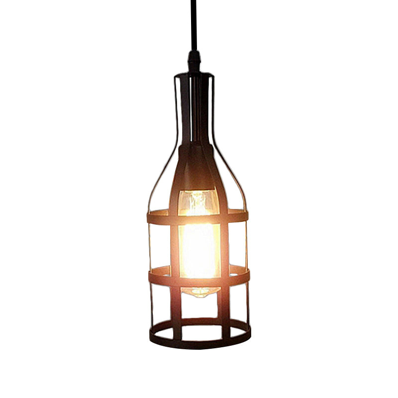 Industrial Metal Hanging Pendant Light With Wine Bottle Design And 1 Bulb In Black/Antique Brass