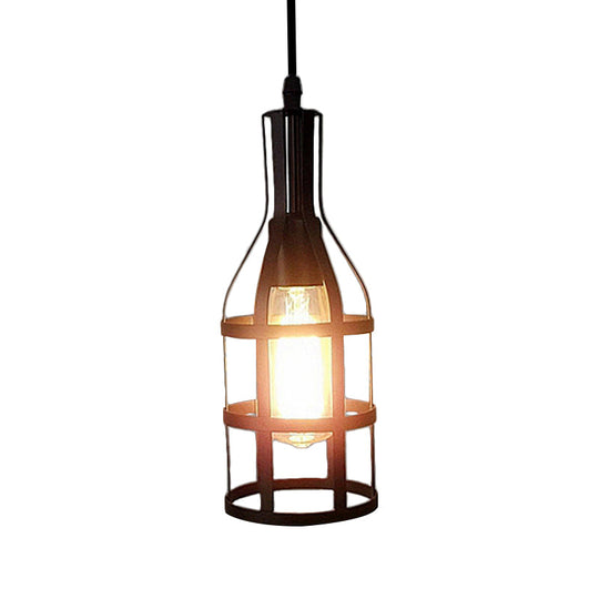 Industrial Metal Hanging Pendant Light With Wine Bottle Design And 1 Bulb In Black/Antique Brass