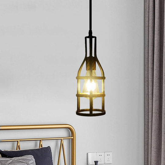 Industrial Metal Hanging Pendant Light With Wine Bottle Design And 1 Bulb In Black/Antique Brass