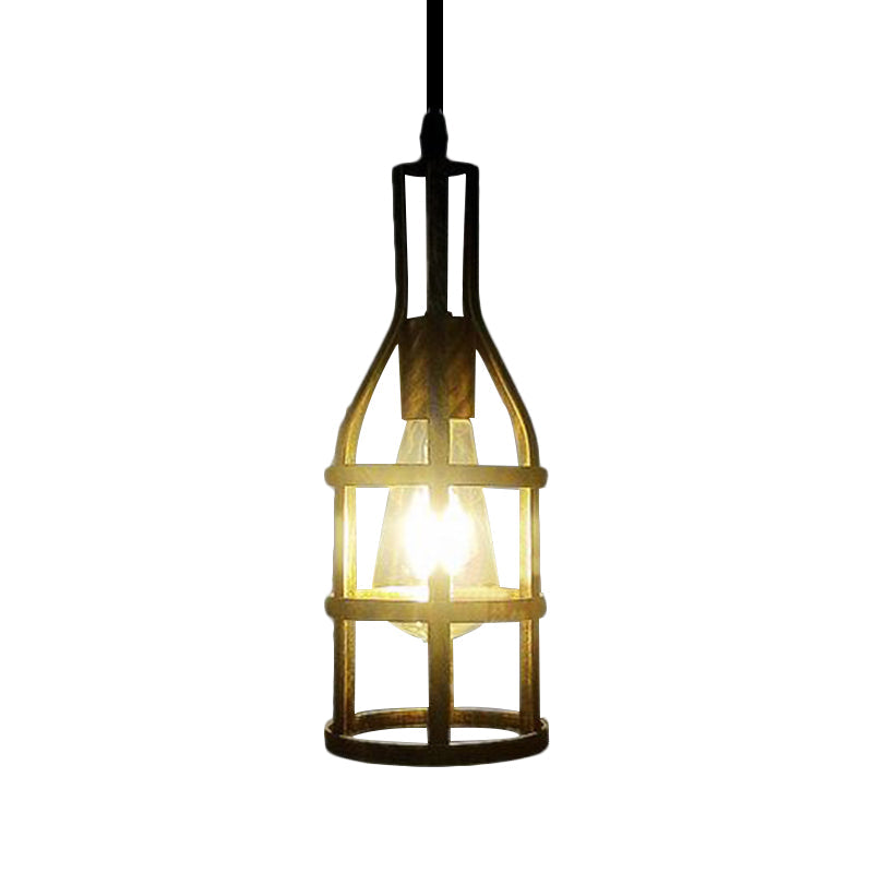 Industrial Metal Hanging Pendant Light With Wine Bottle Design And 1 Bulb In Black/Antique Brass