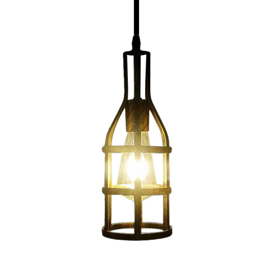 Industrial Metal Hanging Pendant Light With Wine Bottle Design And 1 Bulb In Black/Antique Brass