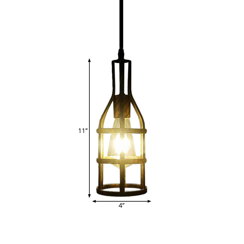 Industrial Wire Caged Metal Hanging Pendant Light with Wine Bottle Design - Black/Antique Brass Finish