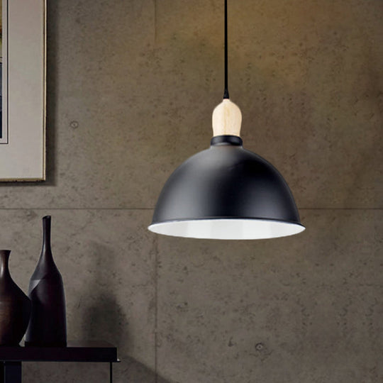 Retro Dome Shade Ceiling Pendant - Metallic Hanging Light with 1 Head for Dining Table, Black/White