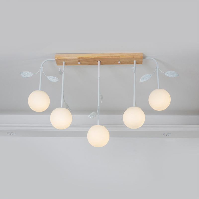 3/5 Light Orb Island Ceiling Lamp With Milky Glass & Wooden Canopy - Modern Simple Design