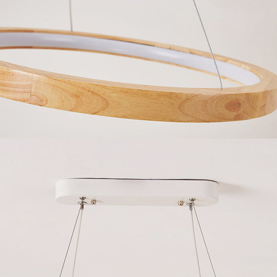 Lustre simple et moderne à double anneau en bois pour salle à manger en beige