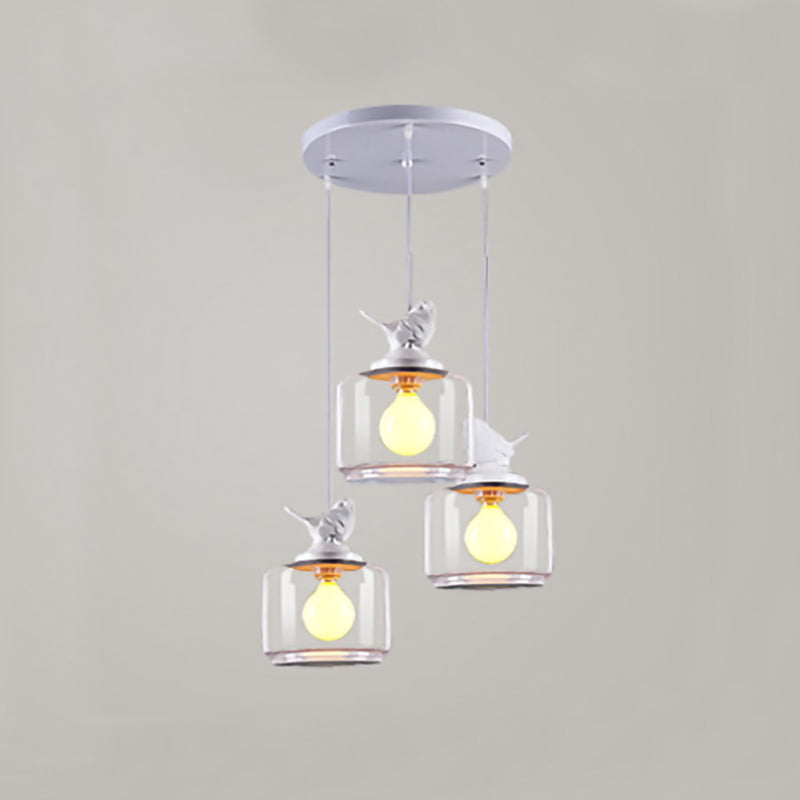 Modern Drum Hanging Lamp With Clear Glass And Bird Deco - Sleek White Ceiling Light For Living Room