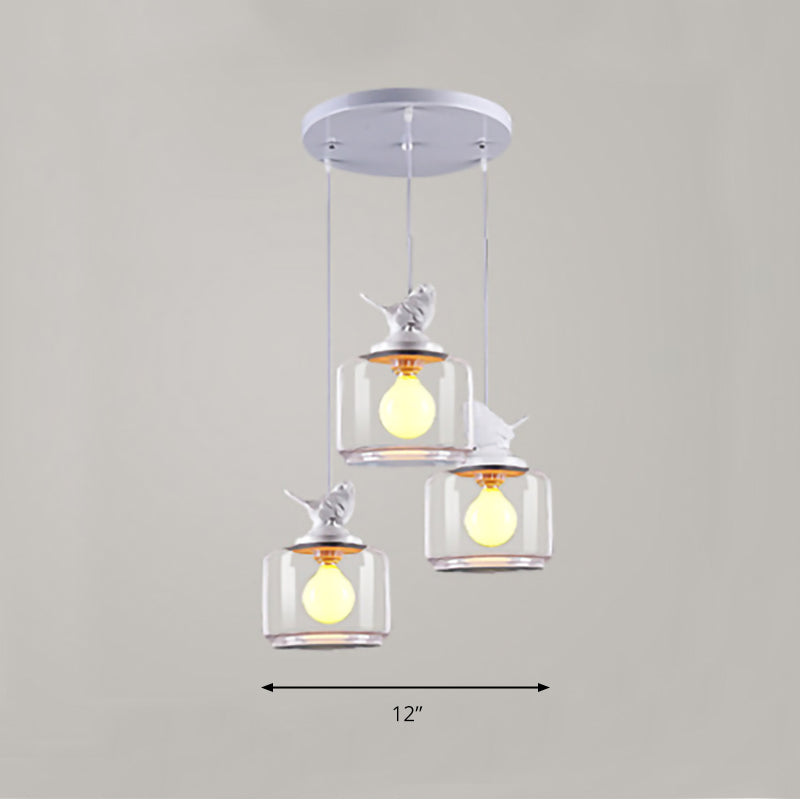 Modern Drum Hanging Lamp With Clear Glass And Bird Deco - Sleek White Ceiling Light For Living Room